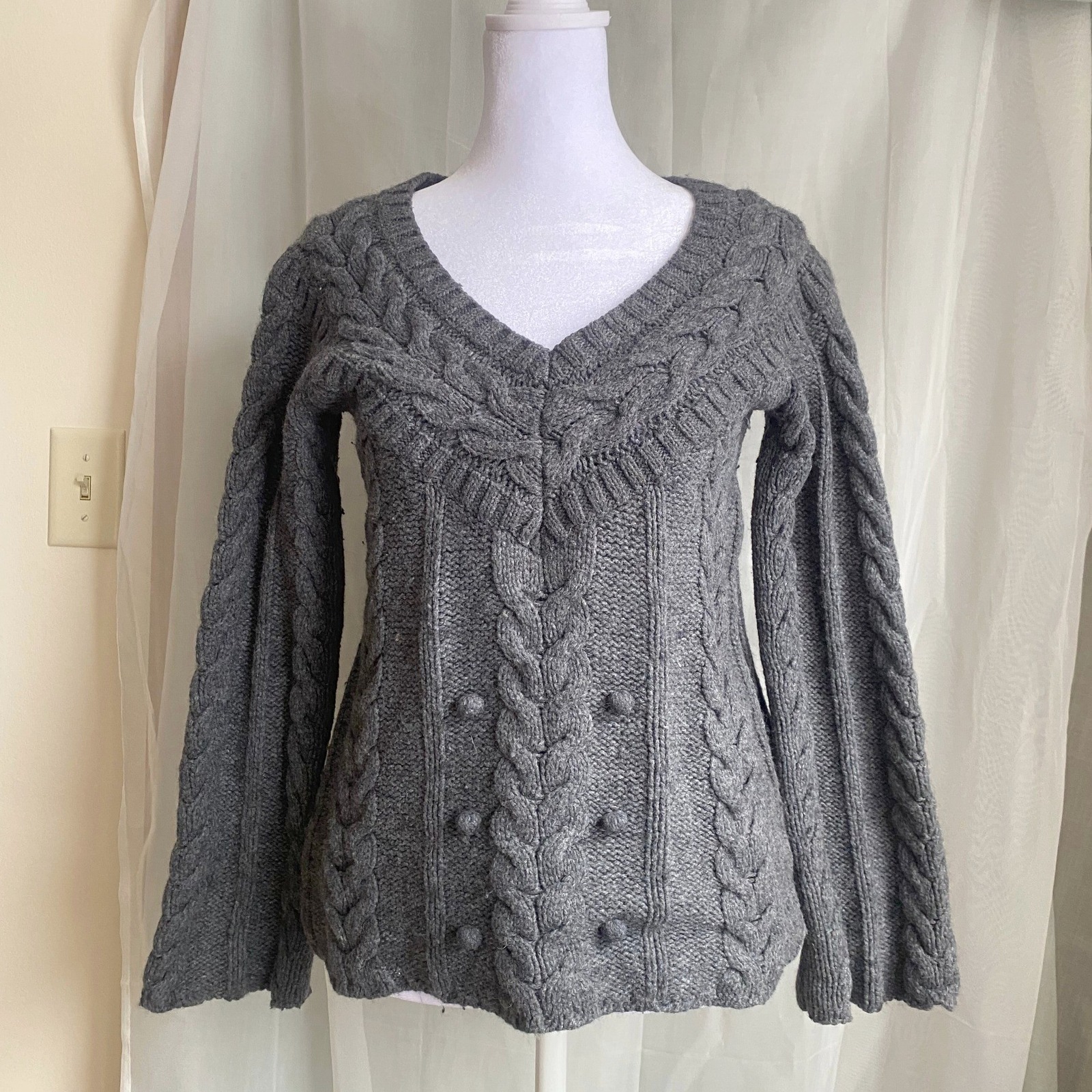 2010s Wool Cable Knit Gray Sweater Small Minimalist Heritage Fisherman Feminine